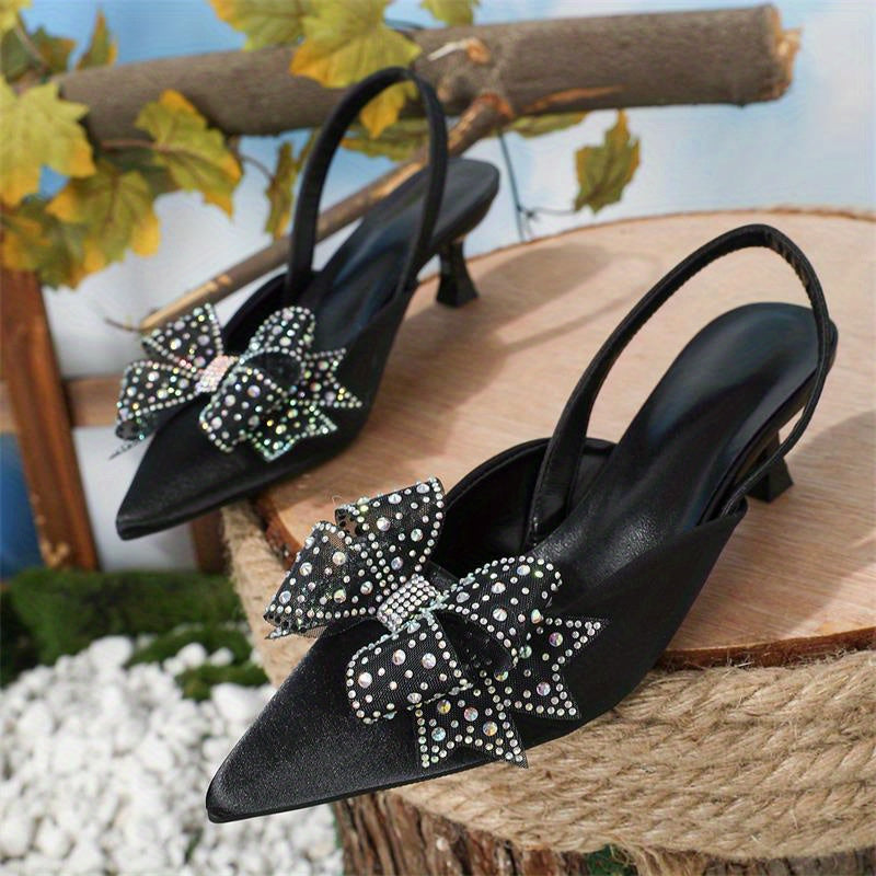 Mesh Bow Kitten Heels Slingback Sandals Party Shoes