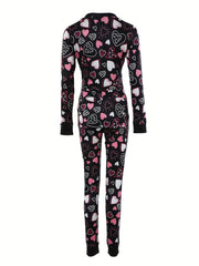 Heart Print Pajama Jumpsuit Long Sleeve V Neck Pajamas