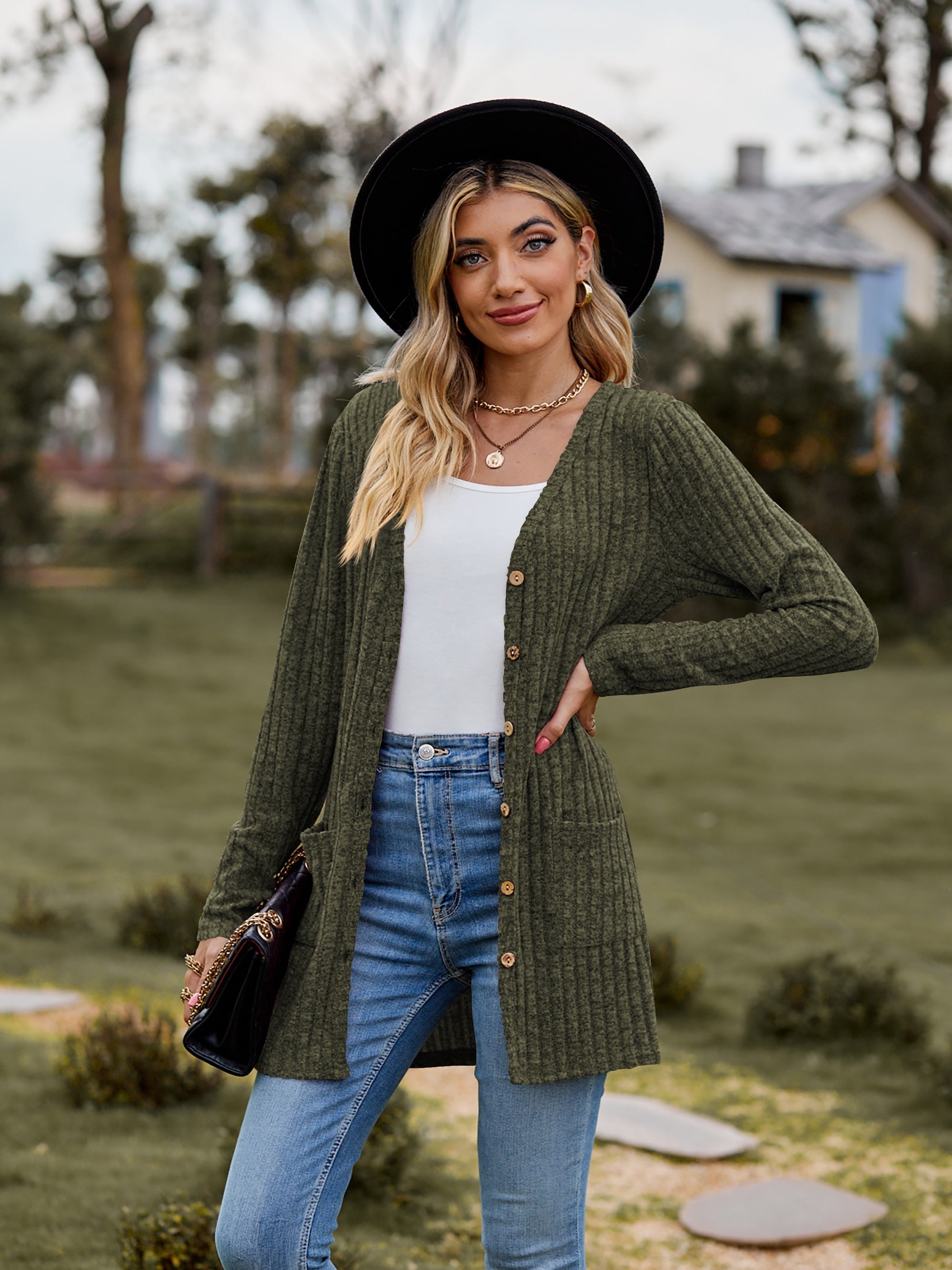 Solid Button Up Pocket Cardigan Long Sleeve Sweater for Women