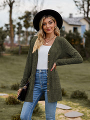 Solid Button Up Pocket Cardigan Long Sleeve Sweater for Women