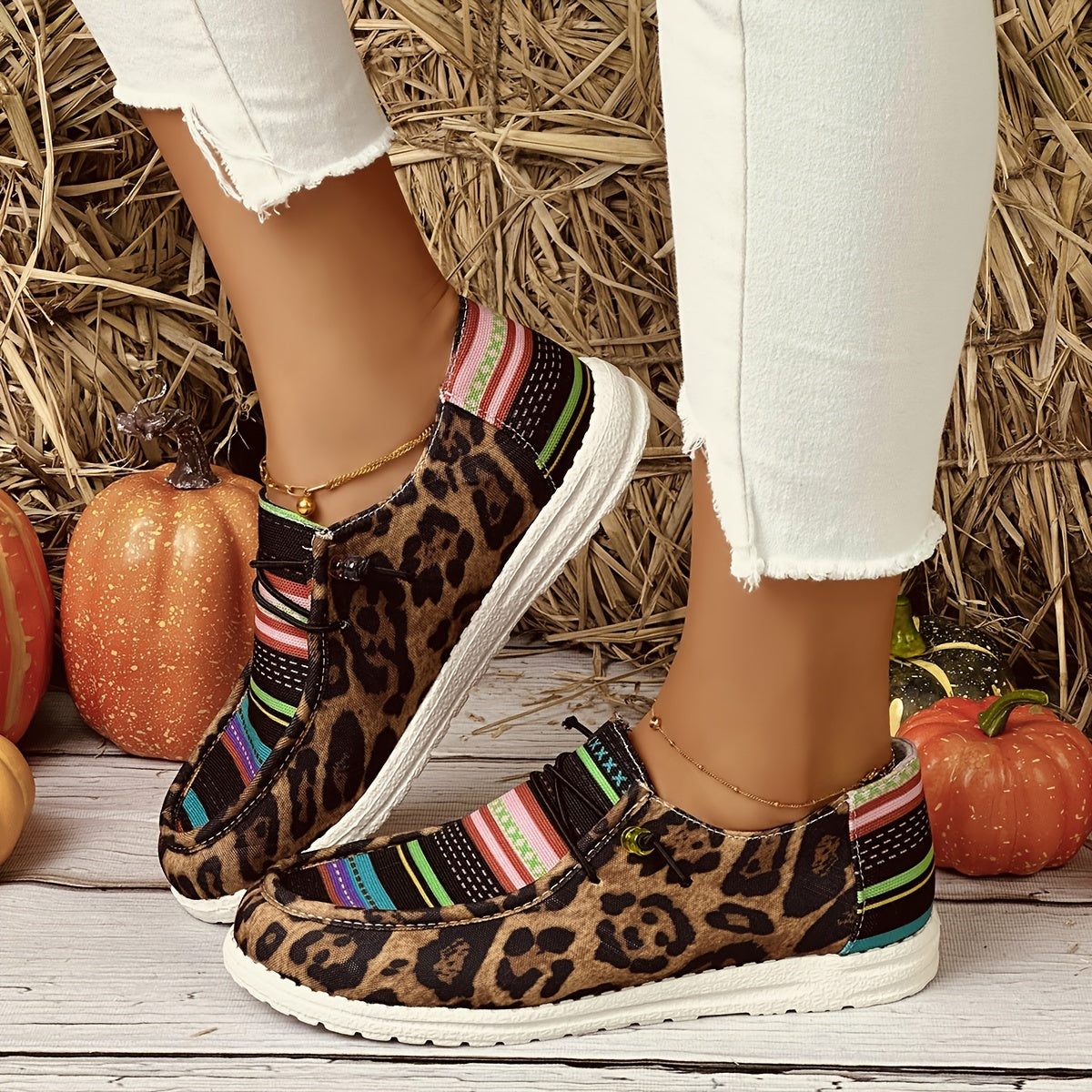 Womens Striped Canvas Slip-On Outdoor Shoes Lightweight Low Top Sneakers