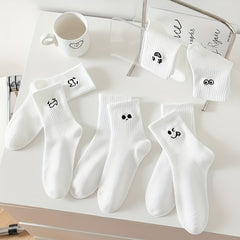 Teenager's Cartoon Expression Knitted Socks, Soft Crew Socks for Outdoor