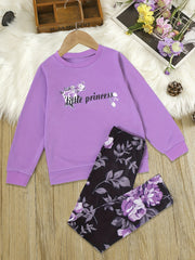 Girl's Floral Pattern 2pcs Sweatshirt & Leggings Set LITTLE PRINCESS Print