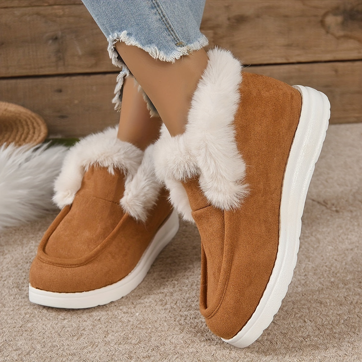 Women's Suede Snow Boots Round Toe Plush Lined Slip On Winter Shoes