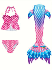 3pcs Mermaid Swimsuit Set & Tail in Tie Dye Fish Scale