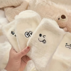 Cartoon Embroidered Plush Mid calf Socks, Warm Winter Socks