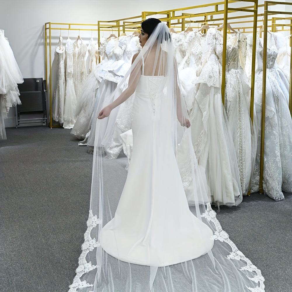 Single Layer Bridal Veil With Lace Trim Sheer Tulle Wedding Accessory