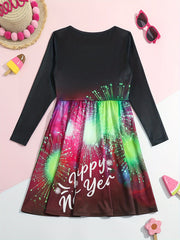 Girls Casual Firework Graphic Long Sleeve Dress