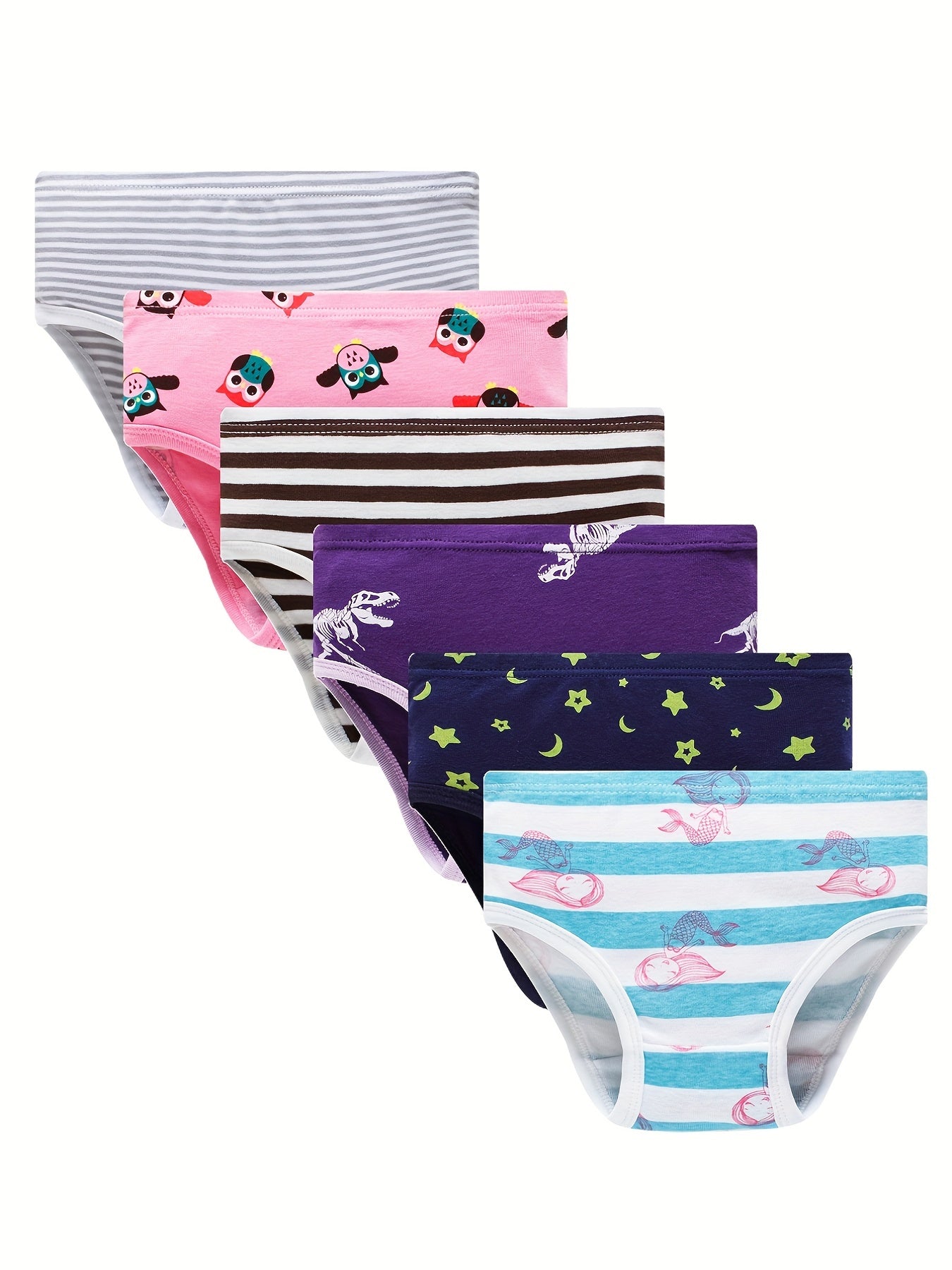 6pk Girls Triangle Panties Cartoon Print 100% Cotton Underwear