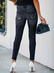 Ripped Whisker Skinny Jeans Water Ripple Embossed Denim Pants
