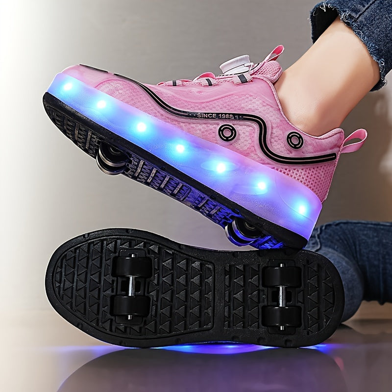 Girl's LED Roller Shoes with Rotating Buckle Detachable Wheel Skate Sneakers