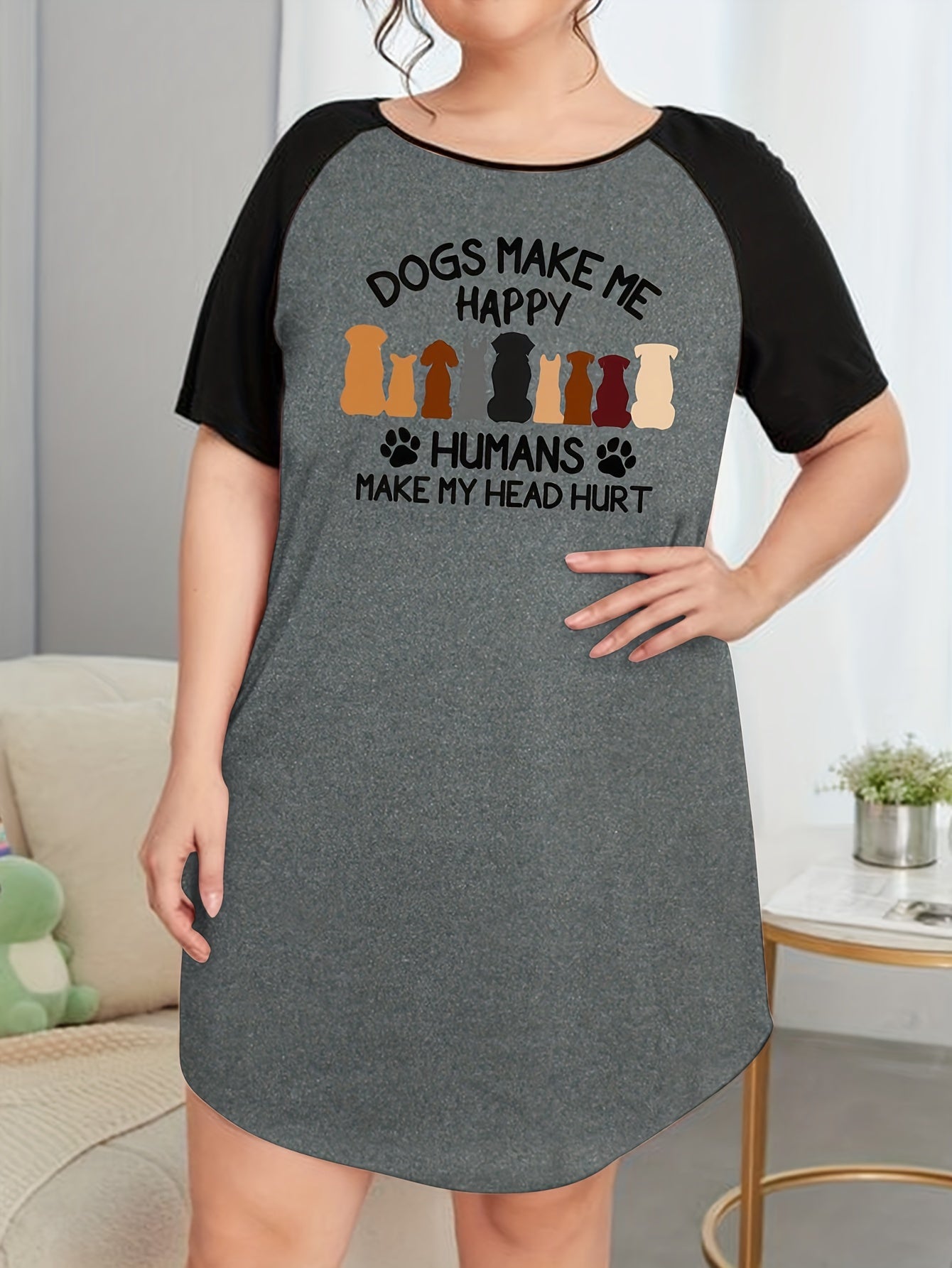 Dogs & Slogan Print Nightdress Tee Sleep Dress