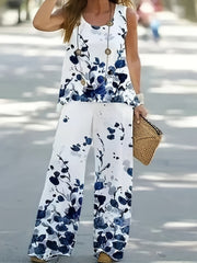Leaf Print Tank Top & Pants Outfit Set
