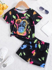 Kids Fluorescent Graphic T shirt & Short Set For Summer