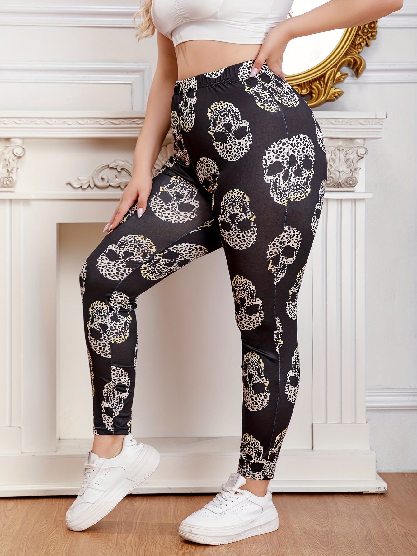 Gothic Leggings Women's Plus Leopard Skull Print Elastic High Rise Str