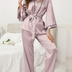 Satin Pajama Set Long Sleeve Top & Pants Women's Sleepwear