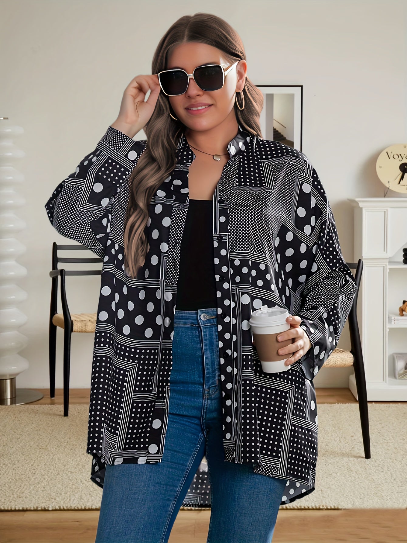 Casual Blouse Women's Plus Patchwork Print Long Sleeve Notched Neck