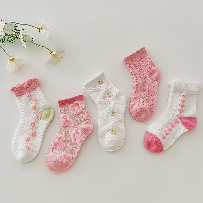5 Pairs Girls Cotton Blend Lace Crew Socks for Spring/Autumn