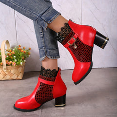 Lace Heeled Ankle Boots Crocodile Print Buckle Strap Chunky Heels