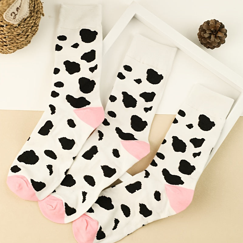 3 Pairs Cow Spot Print Socks Comfy Mid Tube Women's Stockings