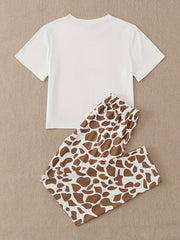 Giraffe Print Pajamas Set Short Sleeve Crew Neck Top & Pants