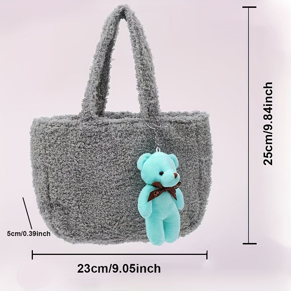 Fluffy Portable Handbag With Bear Pendant Magnet Closure