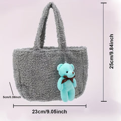 Fluffy Portable Handbag With Bear Pendant Magnet Closure