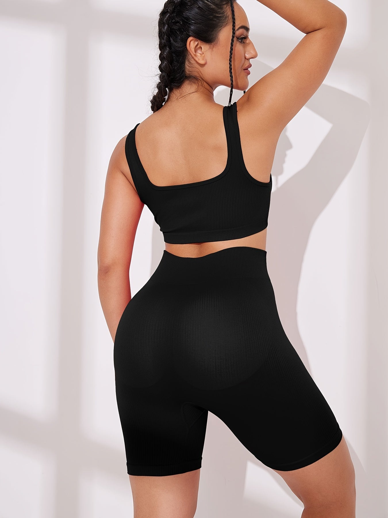 2pcs Ribbed Sports Bra & High Waist Workout Shorts Set