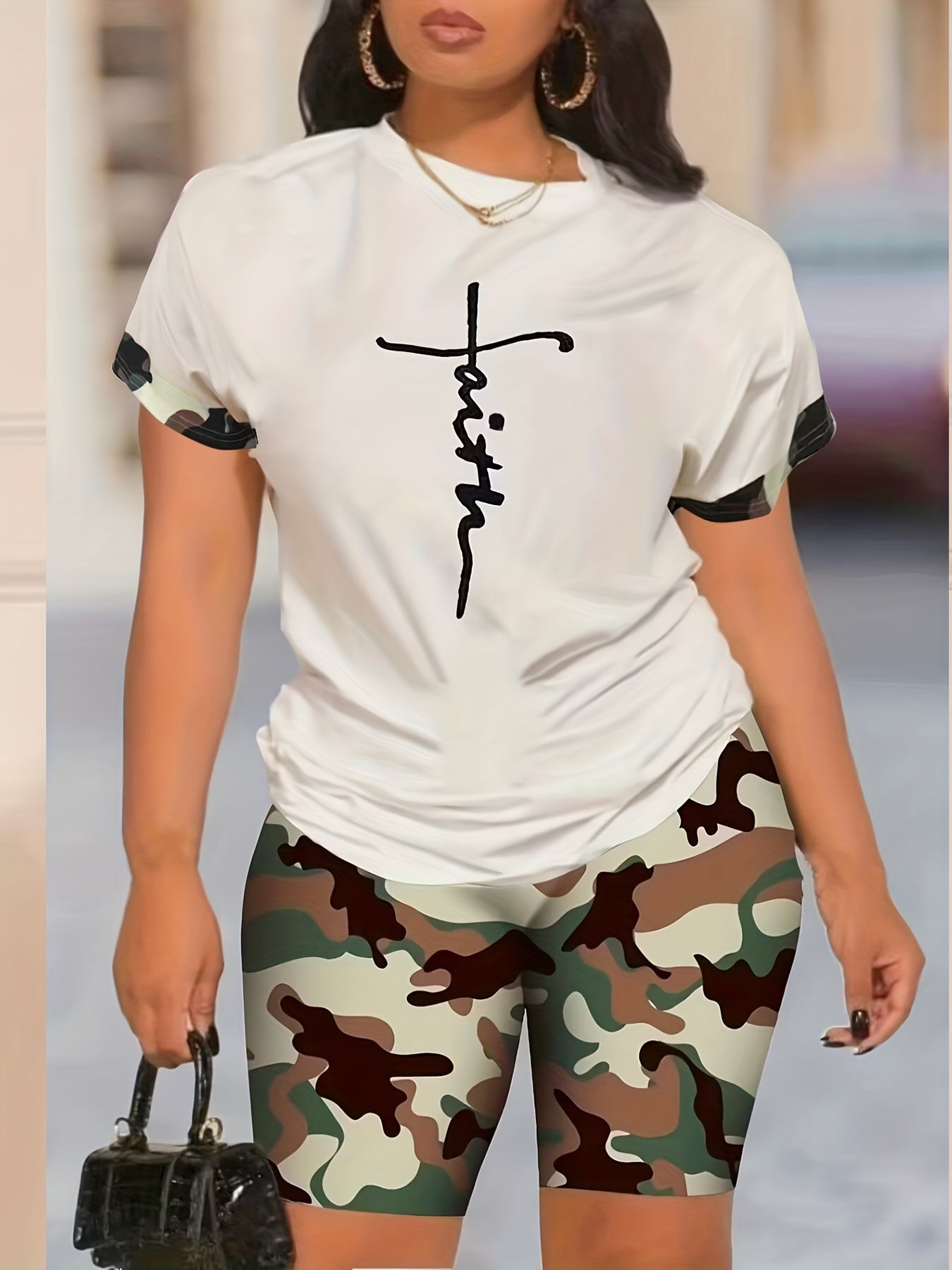 Women's Plus Cross Print Tee & Leopard Shorts Outfit Set