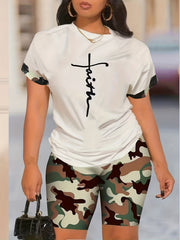 Women's Plus Cross Print Tee & Leopard Shorts Outfit Set