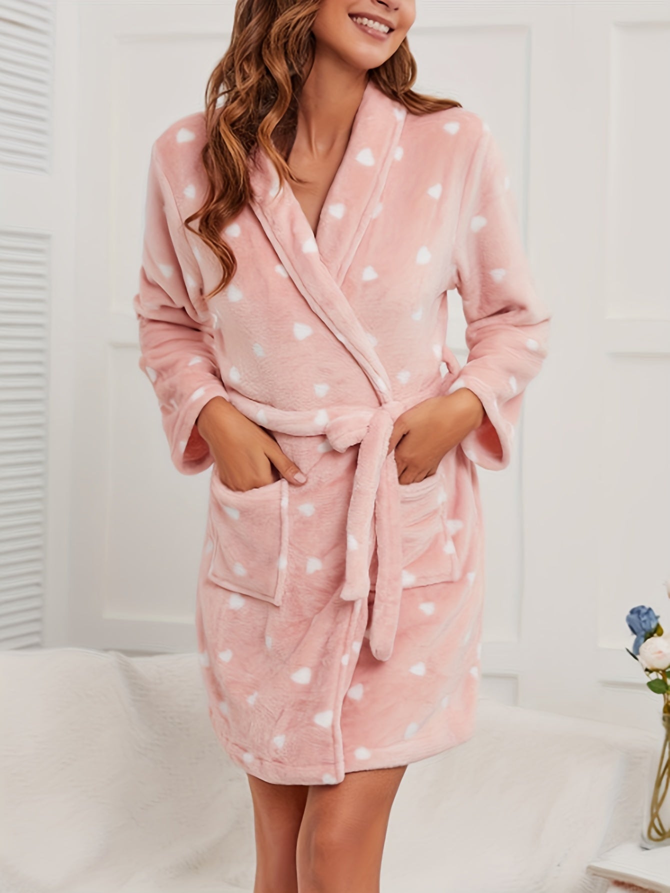 Polka Dot Print Bathrobe Warm & Fuzzy Lounge Robe With Pockets