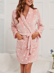 Polka Dot Print Bathrobe Warm & Fuzzy Lounge Robe With Pockets