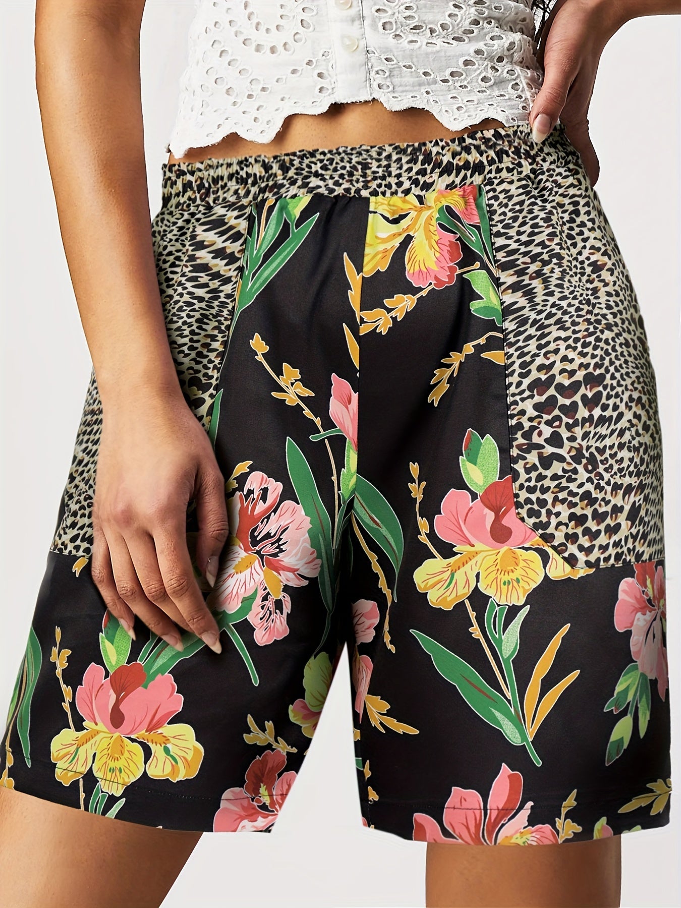 Leopard & Floral Print Boho Shorts Elastic Waist Summer Women's Clothing