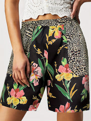 Leopard & Floral Print Boho Shorts Elastic Waist Summer Women's Clothing