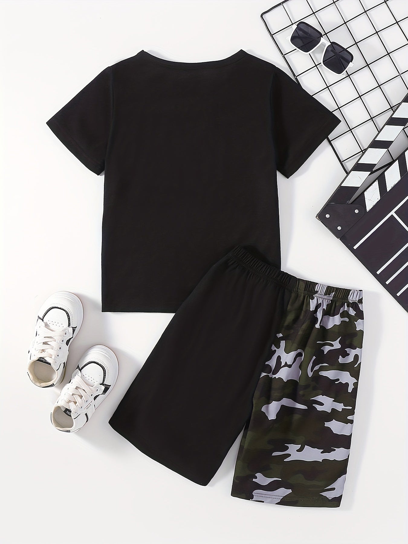 Boys Camo Print T-shirt & Shorts Set, Summer Kids Clothing