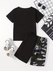 Boys Camo Print T-shirt & Shorts Set, Summer Kids Clothing