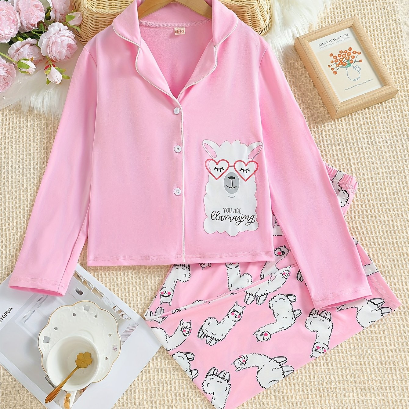 Alpaca Pattern Pajamas Button Front Top & Pants Set