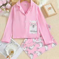 Alpaca Pattern Pajamas Button Front Top & Pants Set