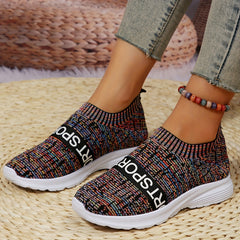 Women's Colorblock Flying Woven Slip On Sneakers Round Toe Casual Non-slip Shoes