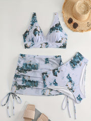 Marble Print Bikini Set with Lace Up Side Ruched Cover Up Skirt
