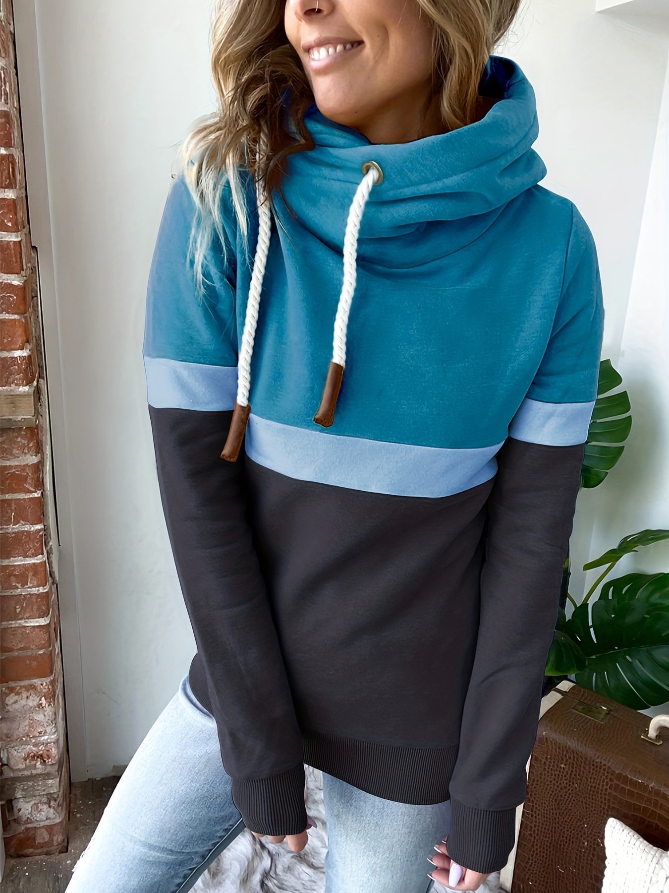 Block Turtle Neck Hoodie Casual Long Sleeve Drawstring Hoodies