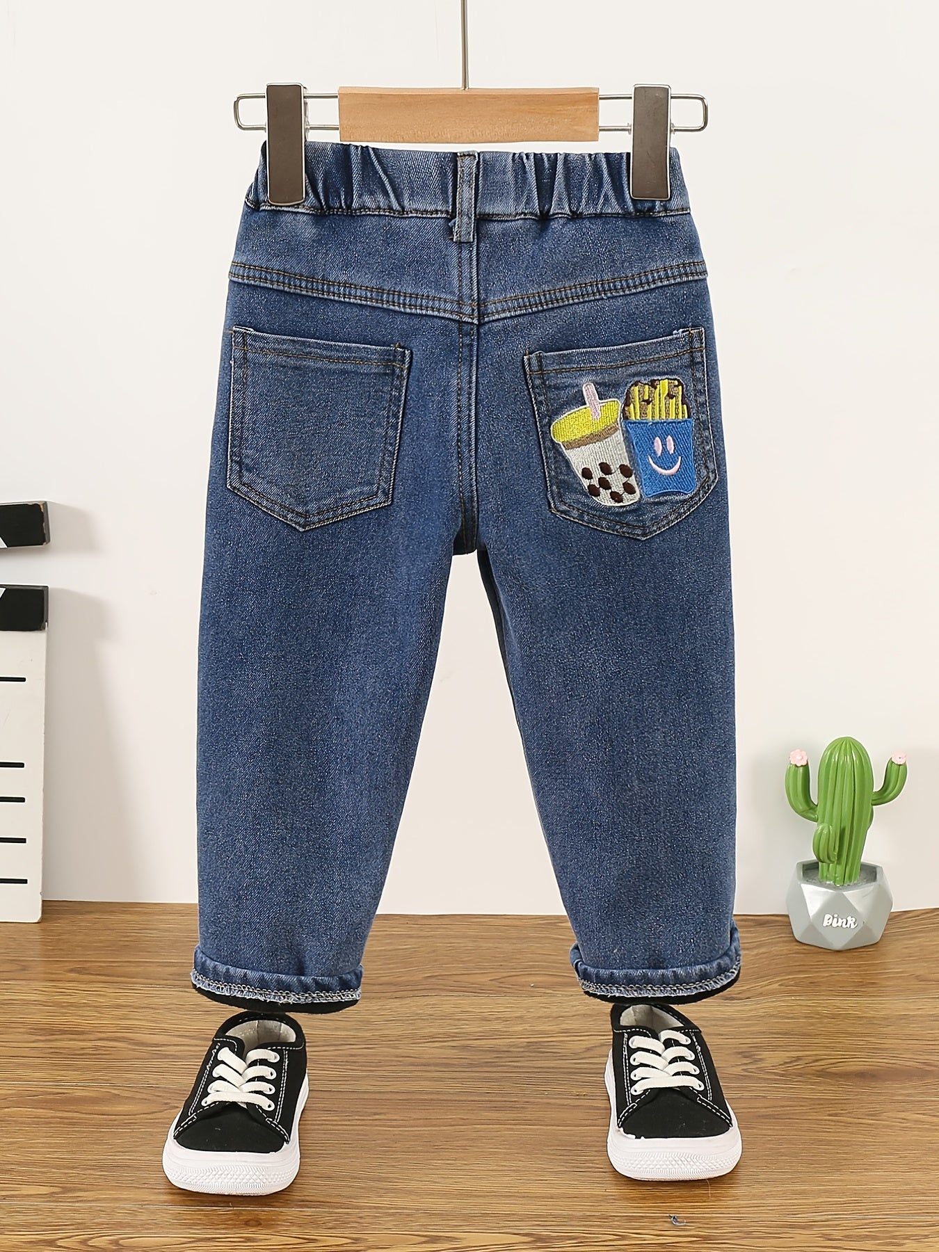 Girls Fleece Jeans Milk Tea Chips Embroidery Elastic Waist Denim Pants