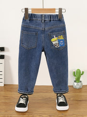 Girls Fleece Jeans Milk Tea Chips Embroidery Elastic Waist Denim Pants