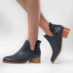 V Cut Ruffled Ankle Boots Chunky Heeled Shoes