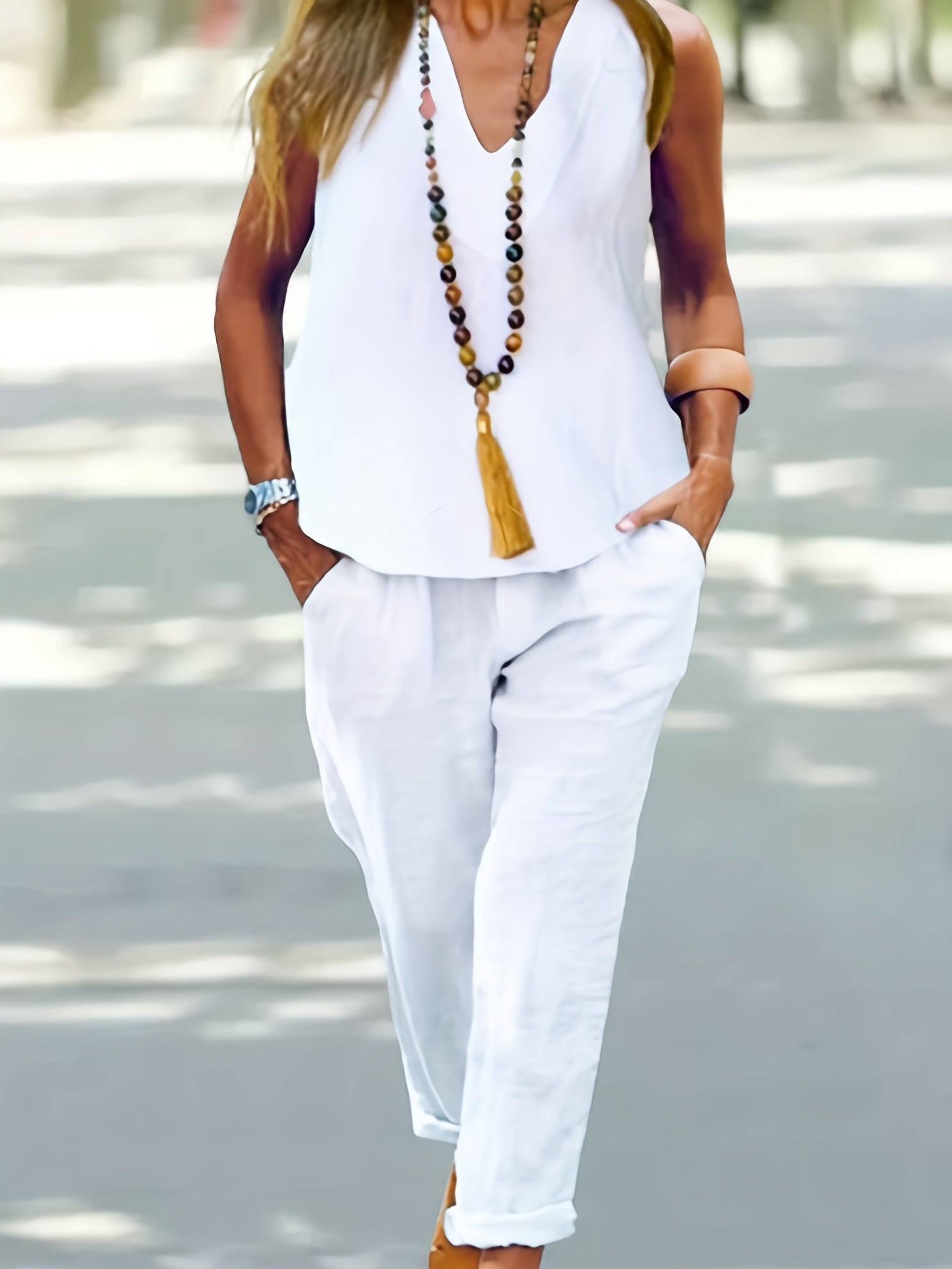 Solid V Neck Tank Top & Pants 2 Piece Set