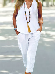 Solid V Neck Tank Top & Pants 2 Piece Set
