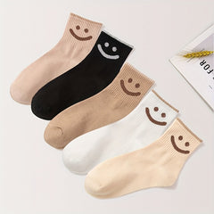 5 Pairs Smiling Print Crew Socks for Women