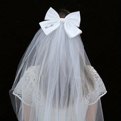 Bridal Veil with Large Bow & Bride Print Polyester Wedding Hair Accessory