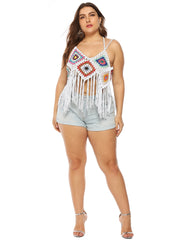 Crochet Bikini Top Fringe Trim Colorblock Swimsuit