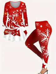Christmas Casual Outfits Women's Graphic Print Top & Pants 2 Piece Set